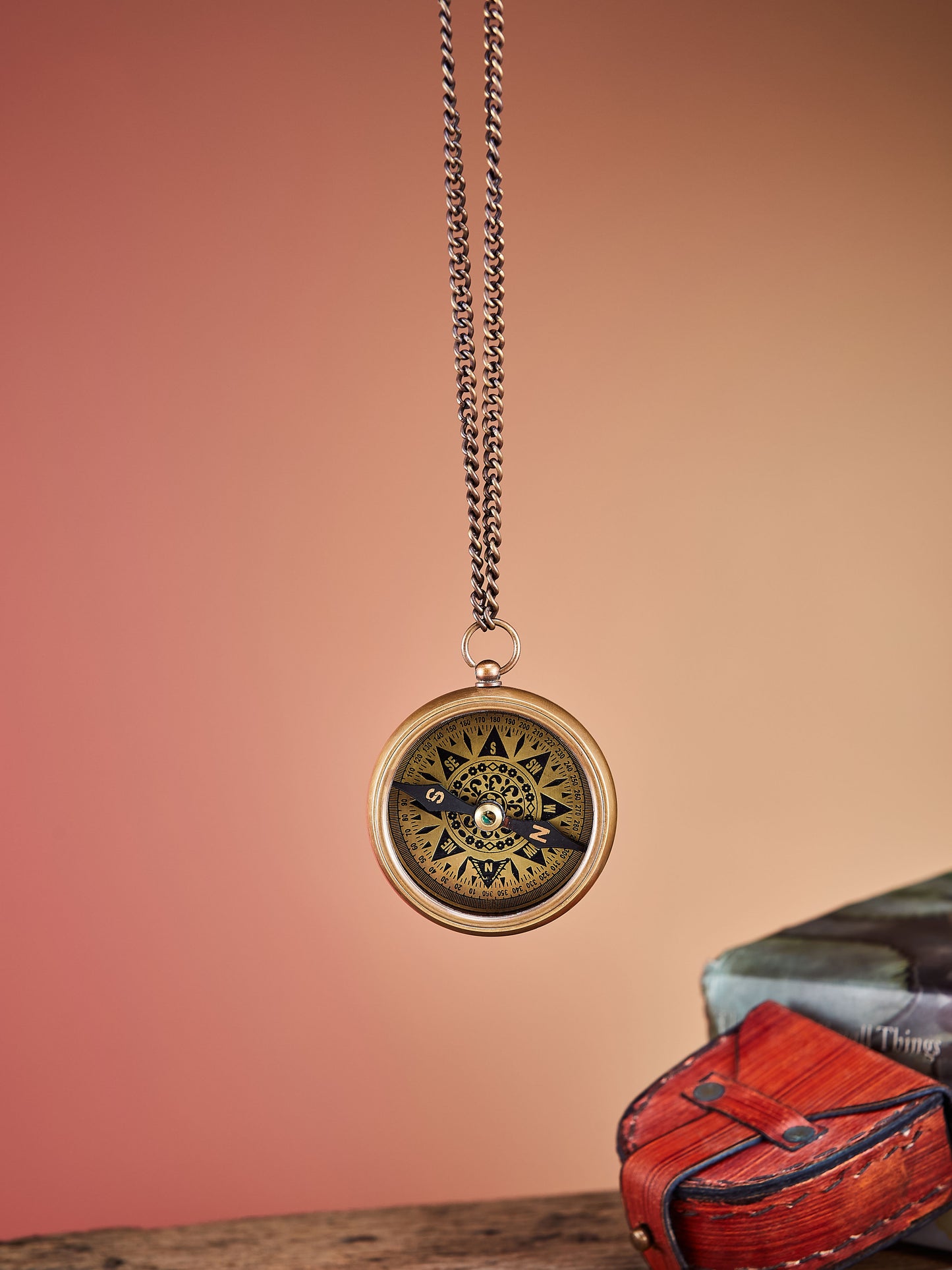 Antique Style Brass Pocket Compass with Leather Case