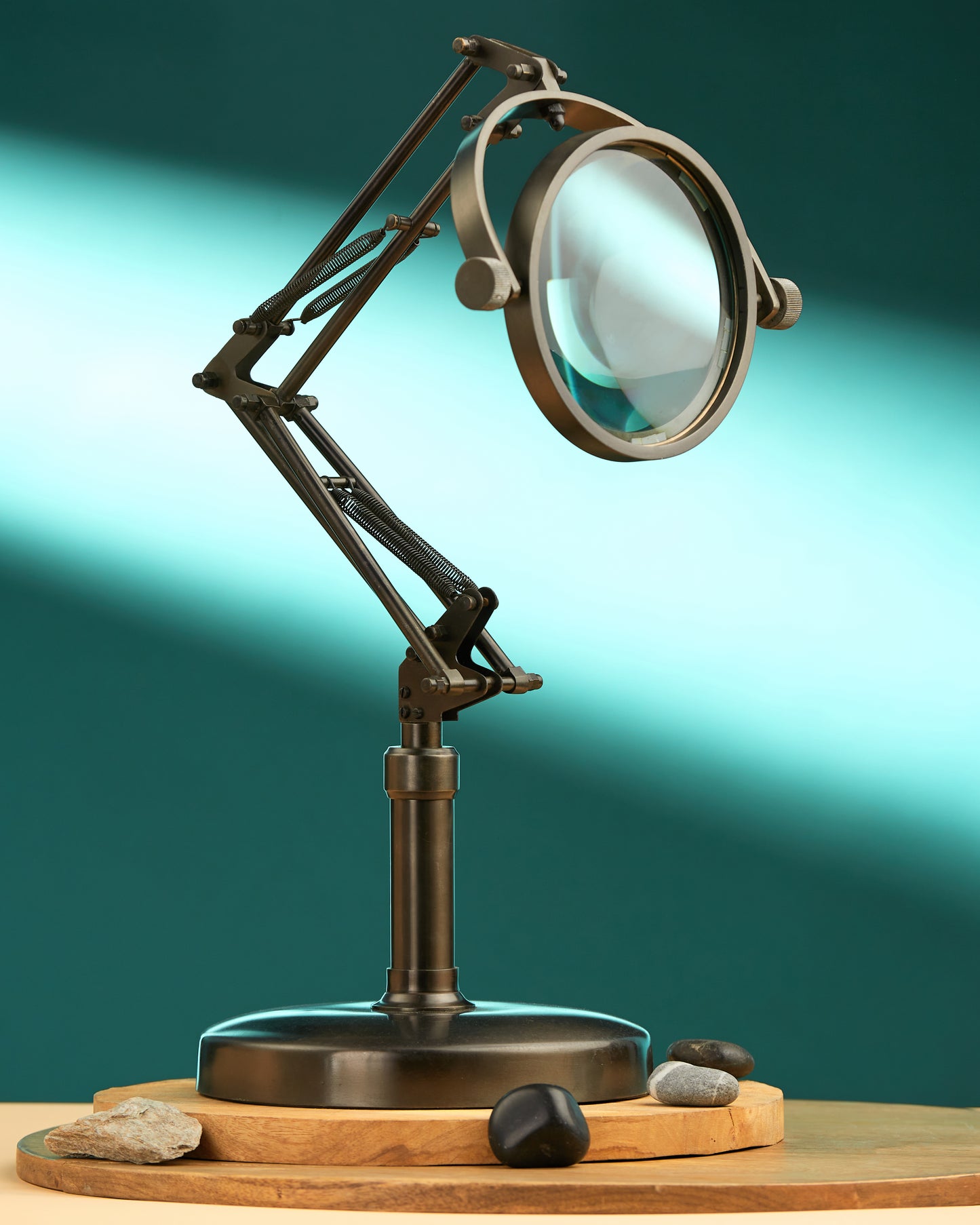 Antique Brass Table Magnifier: Adjustable Spring Arm, 3x Optical Lens