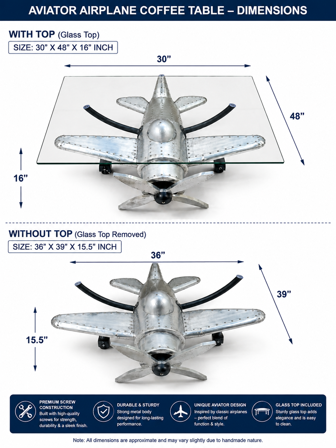 The Falcon – Handmade Aviator Airplane Coffee Table | Functional Aviation Art with Glass Top by VOKOS