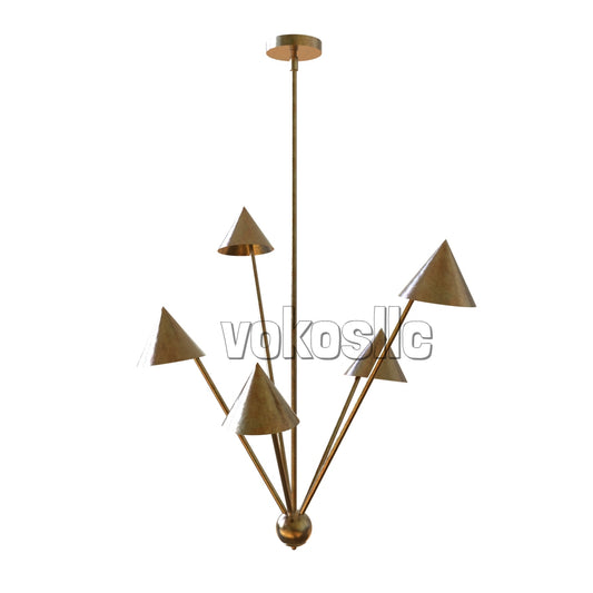 Brass Cone Chandelier – 5 Arm Modern Mid Century Pendant Light – Handmade Ceiling Fixture for Dining Room, Kitchen, Living Room