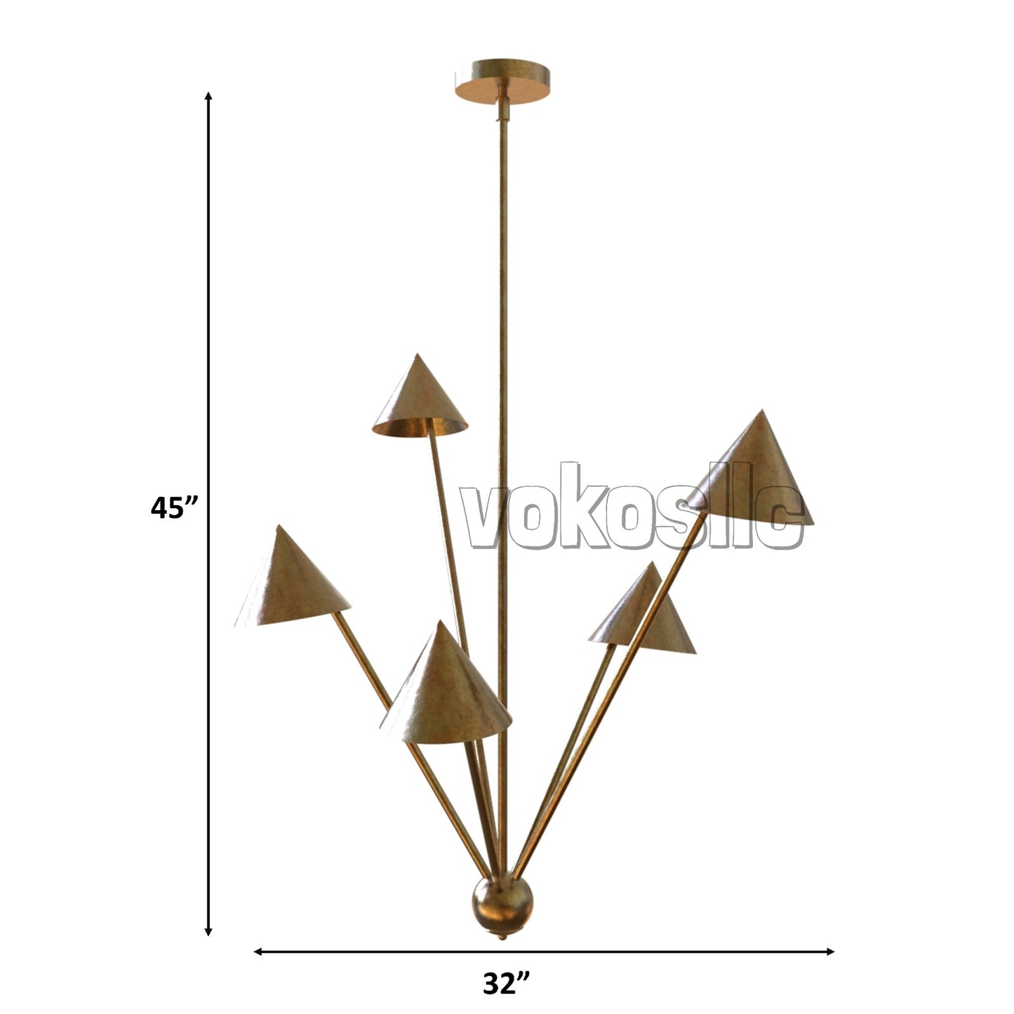Brass Cone Chandelier – 5 Arm Modern Mid Century Pendant Light – Handmade Ceiling Fixture for Dining Room, Kitchen, Living Room