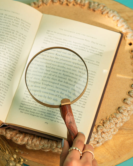 Antique Golden Magnifying Glass: 10" 4X Lens, Vintage Detective Style with wooden stand