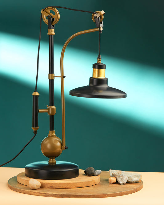 Adjustable Brass Pulley Desk Lamp: Vintage Industrial Steampunk Decor