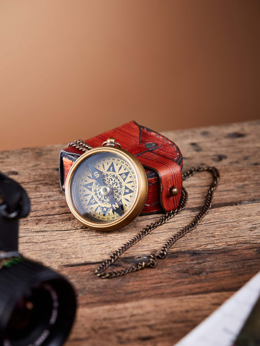 Antique Style Brass Pocket Compass with Leather Case